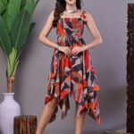 Women's Rust & Grey Abstract Print Cotton Handkerchief Hem Dress Midi Dresses